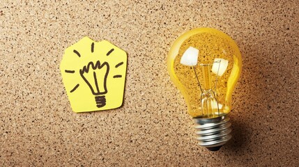 Poster - A bright yellow light bulb sits next to a vibrant sticky note with a hand-drawn light bulb sketch on a cork board, symbolizing creative ideas in a warm workspace