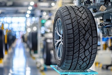 Poster - a new tire mounted on a rim stands ready in a modern automotive factory, showcasing precision engine