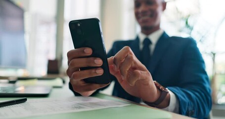 Poster - Business, hands and man in office, cellphone and scroll with financial advisor, trading or connection. Person, closeup or employee with smile, smartphone or digital app for investment or website info