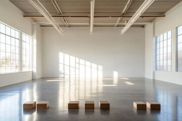 Poster - Empty white gallery space with large windows, sunlight streaming in, and several small wooden blocks on polished floor. Showcase of minimalist modern architecture and design
