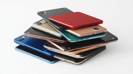 Poster - A collection of various smartphone models stacked in a pile, showcasing different brands, colors, and designs, isolated on a white background