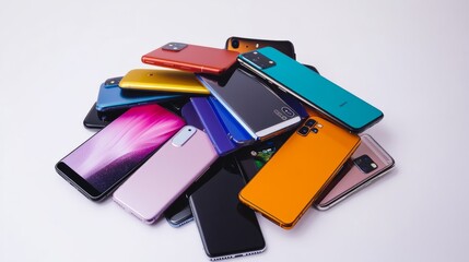Poster - A collection of various smartphone models stacked in a pile, showcasing different brands, colors, and designs, isolated on a white background