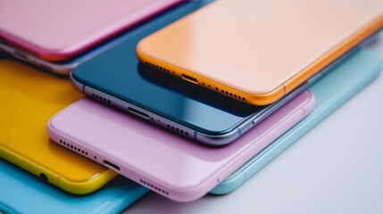 Poster - Pile of modern smartphones with different colors and brands, highlighting mobile technology evolution, isolated on a white background.