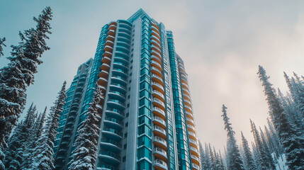 Poster - Tall modern building, teal and orange accents, snow-covered pine trees surround it, winter scene, architectural design, showcasing urban development in a natural setting
