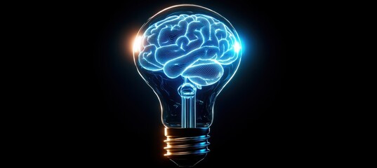 Poster - Glowing light bulb depicting a human brain as a symbol of bright ideas