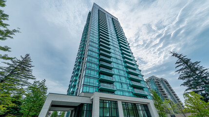 Aufkleber - Low-angle view of a modern glass skyscraper against a cloudy sky, showcasing architectural design and urban living concept