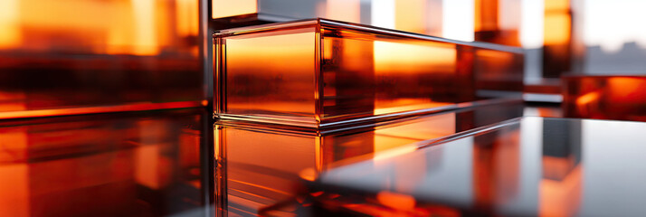 Poster - Abstract Composition of Amber Glass Prisms on Reflective Surface