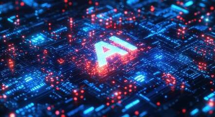Fototapete - Glowing artificial intelligence text in futuristic circuit board design
