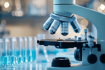 Poster - Close-up of a laboratory microscope, showcasing its intricate lenses and stage.  The image symbolizes scientific research, discovery, and technological advancement in a lab setting