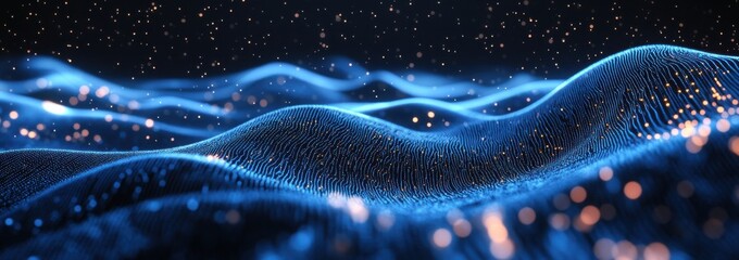Poster - Dynamic blue waves with glowing particles in a futuristic digital background