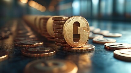 Leinwandbilder - Golden coins with a g symbol stacked and scattered on a reflective surface in a blurred background