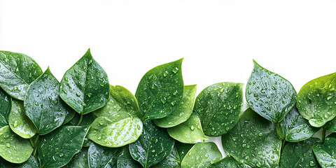 Poster - Green leaves with water droplets, arranged on white background, creating a fresh and natural border, showcasing nature's purity and vitality, ideal for eco-friendly concepts