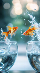 Poster - Two goldfish leap between glass bowls, water splashing dynamically.  Image symbolizes change, new beginnings, or overcoming challenges