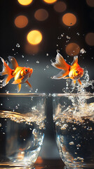 Fototapete - two goldfish jump into glasses of water against a bokeh background, showcasing dynamism and a refres