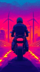 Aufkleber - Retro Futuristic Motorcyclist Riding Past Wind Turbines at Sunset Digital Art Vibrant Colors Dystopian Landscape