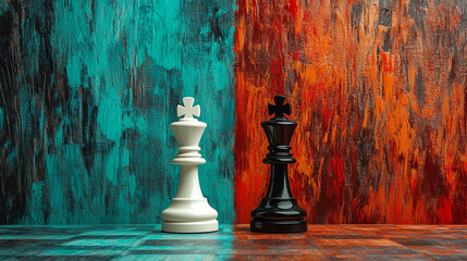 Poster - White and black chess kings stand opposite each other against a teal and orange painted wood background, symbolizing competition, strategy, and leadership