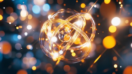 Poster - Futuristic science and technology concept with glowing atom structure combined with abstract electronic pattern, symbolizing innovation, energy, connection, quantum research, and digital advancement