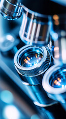 Poster - Close-up of microscope lenses, showcasing metallic texture and blue light reflections, symbolizing scientific research, discovery, and technological advancement
