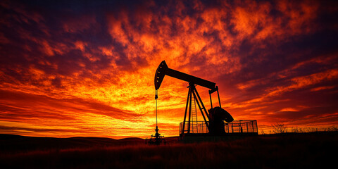 Poster - Silhouette of oil pump against vibrant orange sunset sky, showcasing energy industry and natural beauty, symbolic of power and resource extraction