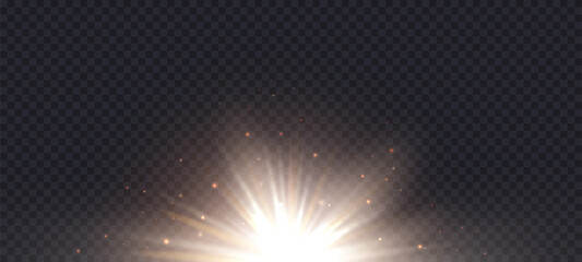 Wall Mural - Gold light effect with sparkles isolated on transparent png background. Sunshine rays, sunlight, abstract explosion, burst, beams, magic festive glow effect, vector illustration.