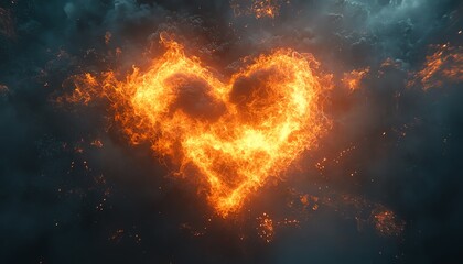 Poster - A heartshaped explosion of fire and smoke, symbolizing intense emotion, passion, and destruction, with fiery tendrils and dark swirling smoke