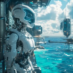 Poster - A Glimpse into the Future: Robot Contemplates Oceanic Cityscape from a High-Tech Structure, A Vision of Advanced Technology.