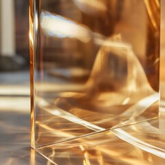 Aufkleber - Golden Hour: Light Refraction Through a Crystal Cube, Casting Abstract Shadows and Reflections on a Smooth Surface