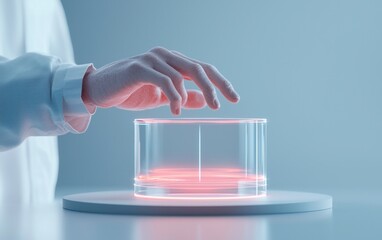 Poster - Close-up of a hand interacting with a glowing, transparent cylindrical object on a white platform against a light blue background. The scene is minimalist and futuristic