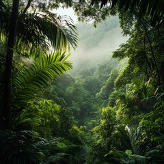 Poster - Lush Green Paradise: A Serene View of a Tropical Rainforest with Mist and Sunlight Streaming Through Dense Foliage 