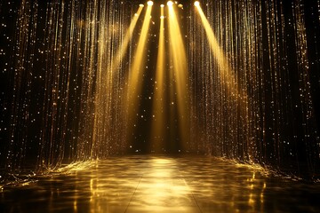 Aufkleber - Golden stage with spotlights and glitter curtain.