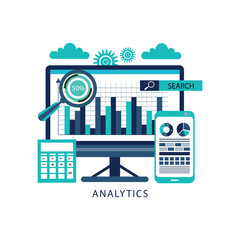 Poster - Analytics graph report on web dashboard monitor concept and flat vector illustration design data analytics research for business finance