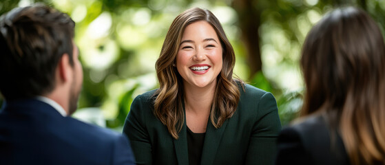 Poster - confident businesswoman and leader engages in lively discussion with colleagues, showcasing her charisma and professionalism in vibrant setting. businesswoman leader digital nomad