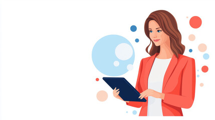 Poster - confident businesswoman and leader engages with tablet, showcasing her professional skills in modern and vibrant setting. businesswoman leader digital nomad