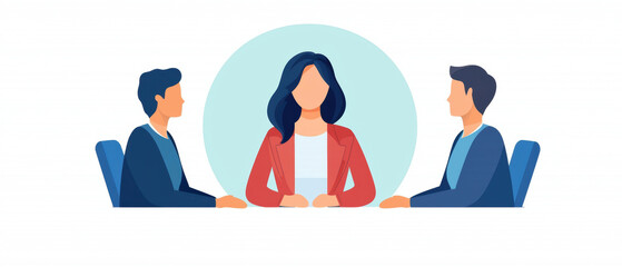 Poster - confident businesswoman leads discussion between two colleagues, showcasing her leadership skills in professional setting. businesswoman leader digital nomad