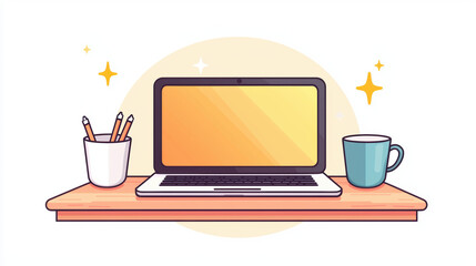 Poster - stylish workspace featuring laptop, cup, and container of pencils creates inspiring atmosphere for any businesswoman or leader. businesswoman leader digital nomad