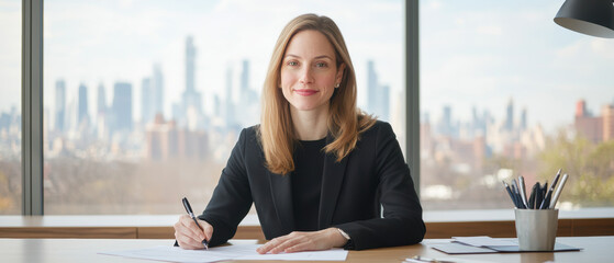 Poster - confident businesswoman and leader sits at her desk, writing notes with city skyline in background, showcasing her professionalism and determination. businesswoman leader digital nomad