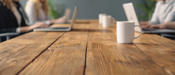 Poster - businesswoman and leader engage in productive meeting at wooden table with laptops and coffee mugs, fostering collaboration and innovation. businesswoman leader digital nomad