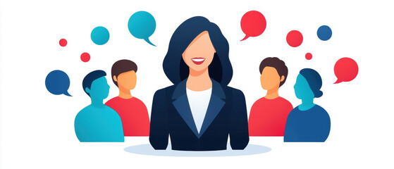 Poster - Empowered businesswoman and leader engaging with diverse group, fostering collaboration and communication in vibrant atmosphere. businesswoman leader digital nomad
