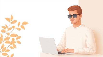 Poster - focused businesswoman and leader works on laptop, showcasing determination and style in modern workspace surrounded by autumn leaves. businesswoman leader digital nomad