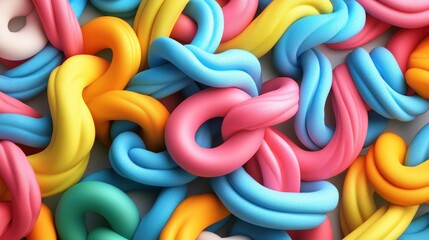 Poster - A vibrant close-up view of colorful tangled strands resembling shiny clay or putty in bright shades of pink blue yellow orange and green intertwined together