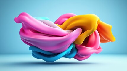 Poster - abstract 3d swirling mass of vibrant pink, yellow, and light blue fabric forms against a soft pale b
