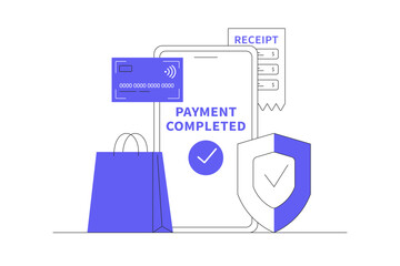 Poster - Online shopping concept template, Transaction, Mobile banking, Cashless payment, Secure digital payment, E-banking app, Credit card payment, E-bill. Flat Cartoon Vector Illustration, icon. Stylish web