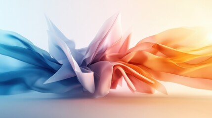 Poster - abstract digital art featu flowing translucent fabrics in teal peach and white, creating a dynamic s
