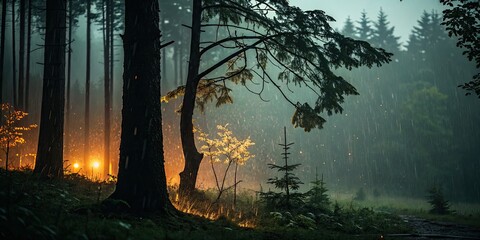 Wall Mural - Silhouetted trees, rain-washed, in a mystical dark green forest;  orange-yellow bokeh glows.