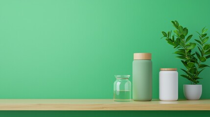 Poster - A minimalist shelf with green jars and a small plant against a vibrant green wall, creating a fresh and modern ambiance, Sustainable Living.
