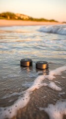 Aufkleber - Two Modern Speakers on Sandy Shore Beach Sunset Electronics Coastal Environment Tranquil Viewpoint Sound Innovation