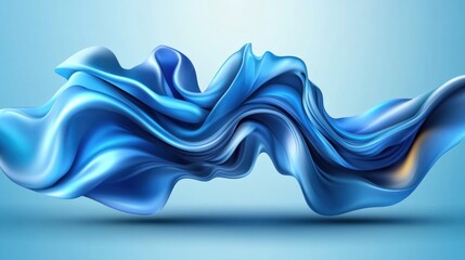 Poster - Abstract rende of luminous flowing blue liquid fabric with subtle golden highlights against a soft pale blue background creating a serene atmosphere