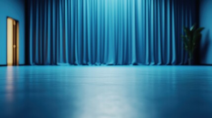 Poster - Minimalist room featu a dark blue floor, illuminated by soft light, with closed door to the left and large dark blue curtains in the center background