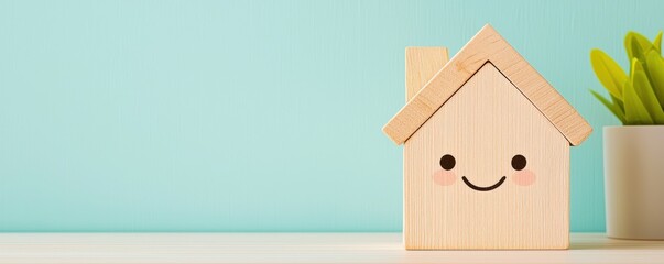 Poster - A cheerful wooden house figurine with a smiling face, placed next to a potted plant against a light blue background, Sustainable Living.
