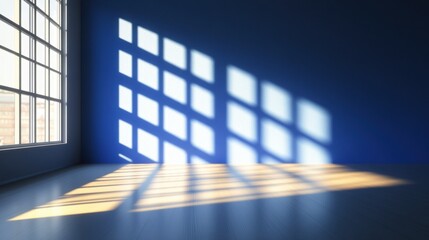 Poster - Sunlight Streaming Through Large Window Creates Stunning Grid Shadow Pattern on Deep Blue Wall and Light Floor in Modern Minimalist Room Interior Space